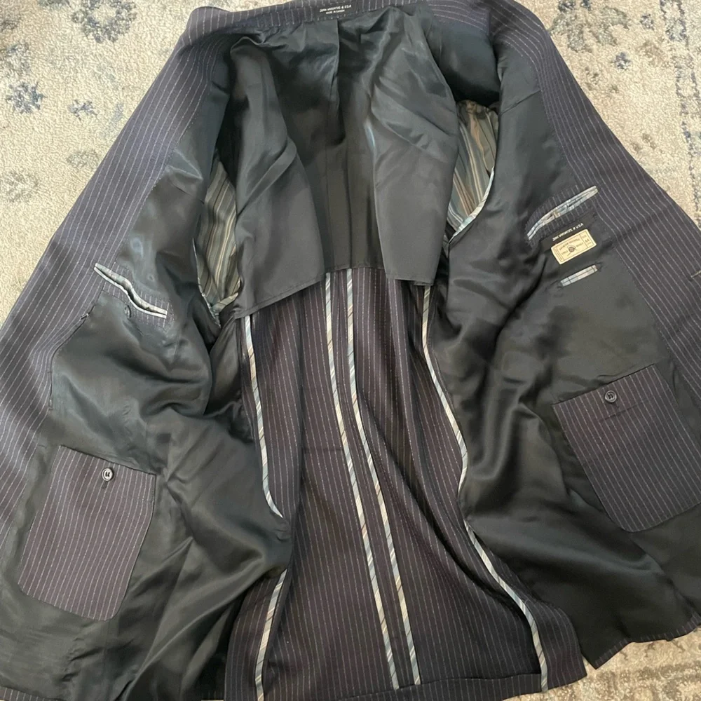 John Varvatos Star USA Textured Wool Chalk Stripe Suit Jacket in‎ Charcoal 44 L